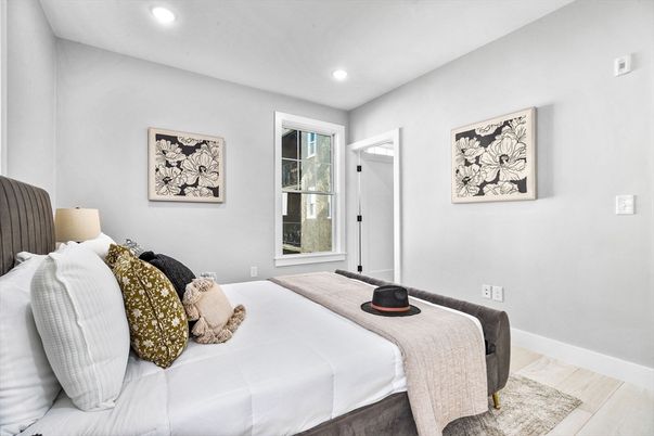Bedroom, Interior, Recessed Lighting, Wood Texture Flooring