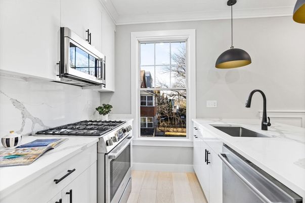 Interior, Kitchen, Pendant Lights, Stainless Steel Appliances, Wood Texture Flooring