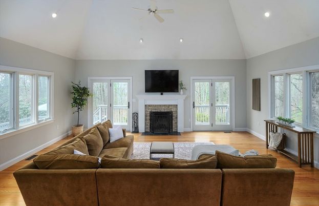 Fireplace, Interior, Living room, Recessed Lighting, Wood Texture Flooring