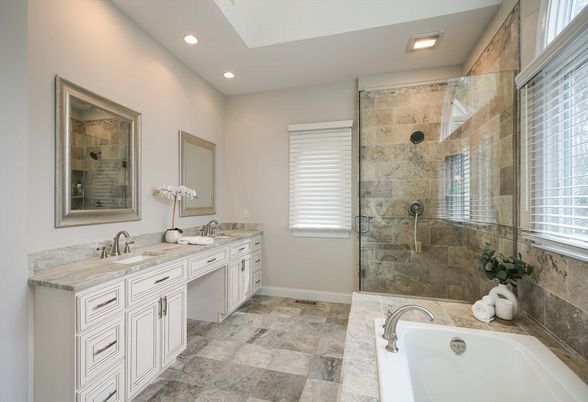 Bathroom, Dual Sink Vanities, Glass Shower, Interior, Recessed Lighting