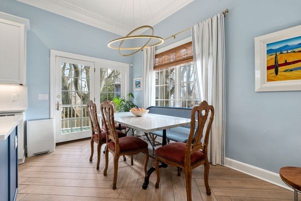 Dining room, Interior, Pendant Lights, Wood Texture Flooring