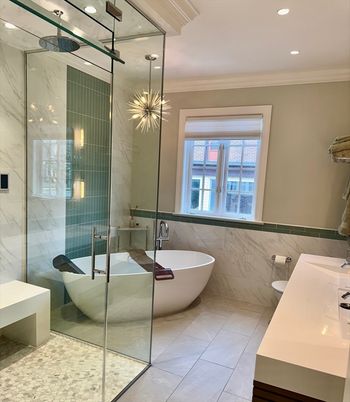 Bathroom, Free Standing Baths, Glass Shower, Interior, Marble Walls, Pendant Lights, Recessed Lighting