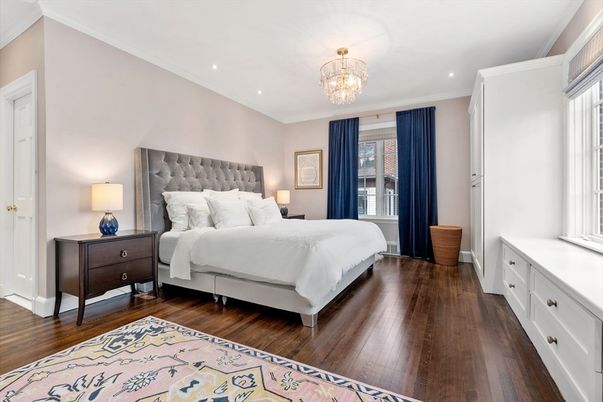 Bedroom, Chandelier, Interior, Recessed Lighting, Wood Texture Flooring
