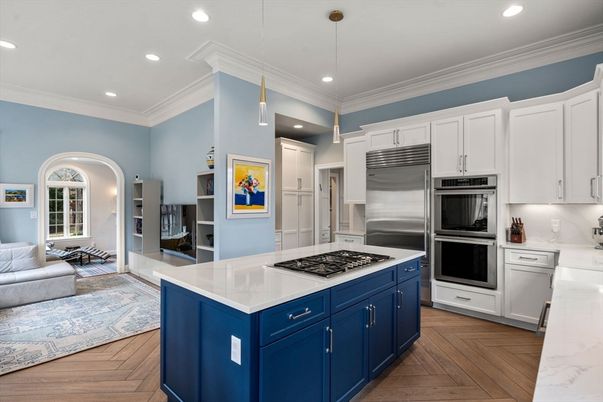 Interior, Kitchen, Pendant Lights, Recessed Lighting, Stainless Steel Appliances, Wood Texture Flooring