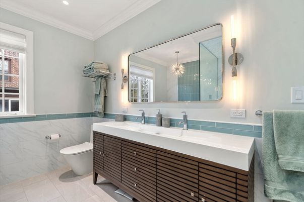 Bathroom, Dual Sink Vanities, Interior, Pendant Lights, Recessed Lighting