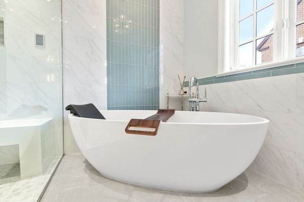 Bathroom, Free Standing Baths, Glass Shower, Interior, Marble Walls