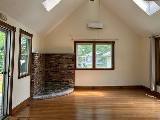 Empty room, Fireplace, Interior, Stone Walls, Wood Texture Flooring