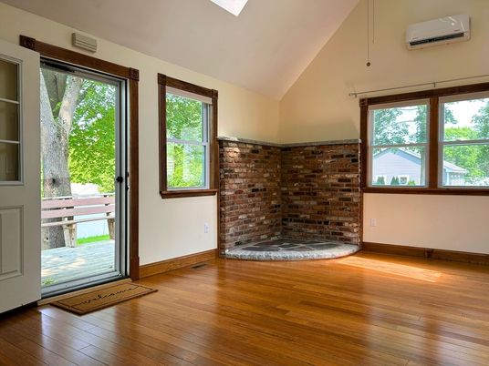 Empty room, Fireplace, Interior, Stone Walls, Wood Texture Flooring