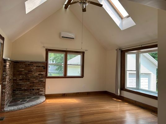 Empty room, Fireplace, Interior, Stone Walls, Wood Texture Flooring