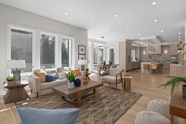 Dining room, Interior, Kitchen, Living room, Pendant Lights, Recessed Lighting, Stainless Steel Appliances, Wood Texture Flooring
