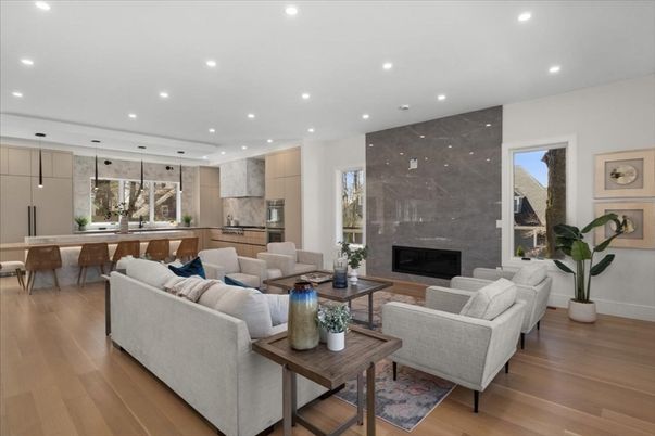 Dining room, Fireplace, Interior, Kitchen, Living room, Pendant Lights, Recessed Lighting, Wood Texture Flooring