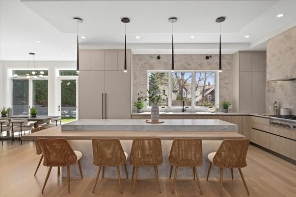 Dining room, Interior, Kitchen, Pendant Lights, Recessed Lighting, Stainless Steel Appliances, Wood Texture Flooring