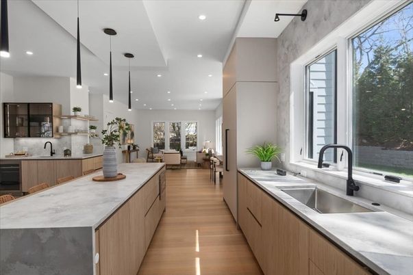 Interior, Kitchen, Living room, Pendant Lights, Recessed Lighting, Wood Texture Flooring