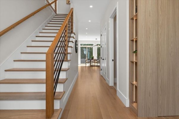 Dining room, Interior, Pendant Lights, Recessed Lighting, Wood Texture Flooring