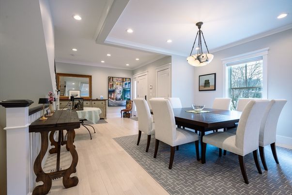 Dining room, Interior, Pendant Lights, Recessed Lighting, Wood Texture Flooring