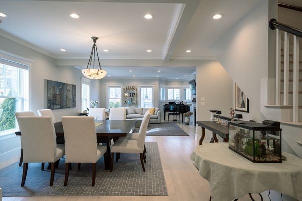 Dining room, Interior, Pendant Lights, Recessed Lighting, Wood Texture Flooring