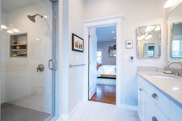 Bathroom, Bedroom, Glass Shower, Interior, Recessed Lighting, Wood Texture Flooring