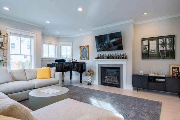 Fireplace, Interior, Living room, Piano, Recessed Lighting, Wood Texture Flooring