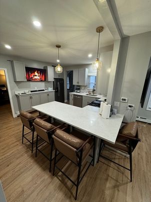 Dining room, Fireplace, Interior, Kitchen, Pendant Lights, Recessed Lighting, Wood Texture Flooring