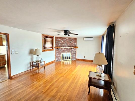 Empty room, Fireplace, Interior, Stone Walls, Wood Texture Flooring