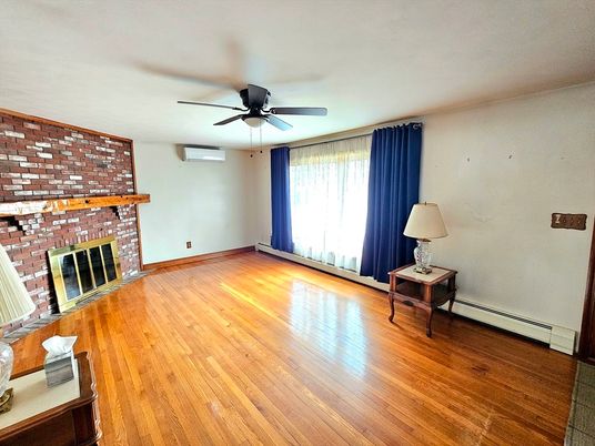 Empty room, Fireplace, Interior, Stone Walls, Wood Texture Flooring