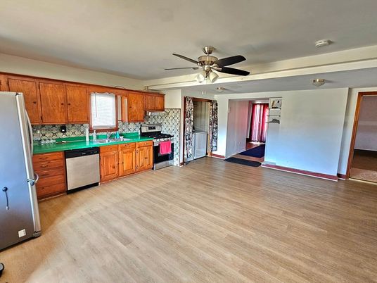 Interior, Kitchen, Stainless Steel Appliances, Wood Texture Flooring