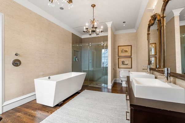 Bathroom, Chandelier, Free Standing Baths, Glass Shower, Interior, Recessed Lighting, Wood Texture Flooring