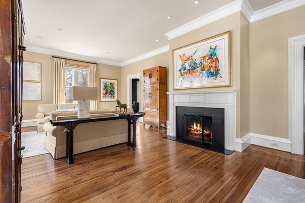 Fireplace, Home Office, Interior, Recessed Lighting, Wood Texture Flooring