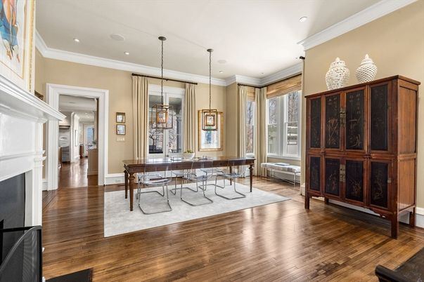 Dining room, Fireplace, Interior, Pendant Lights, Recessed Lighting, Wood Texture Flooring