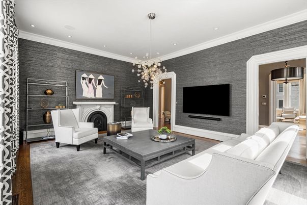 Fireplace, Interior, Living room, Pendant Lights, Recessed Lighting, Wood Texture Flooring