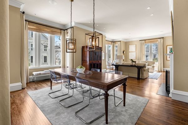 Dining room, Interior, Living room, Pendant Lights, Recessed Lighting, Wood Texture Flooring