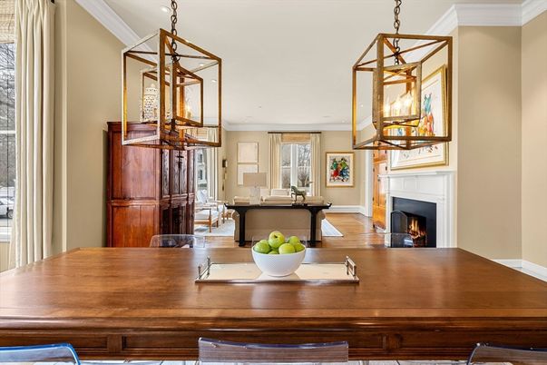 Fireplace, Home Office, Interior, Pendant Lights, Recessed Lighting, Wood Texture Flooring