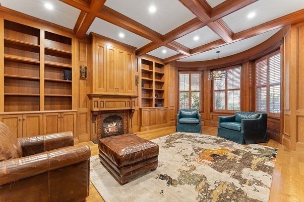 Fireplace, Interior, Recessed Lighting, Wooden Beams, Wood Texture Flooring