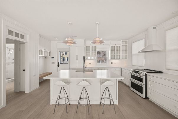 Interior, Kitchen, Pendant Lights, Stainless Steel Appliances, Wood Texture Flooring