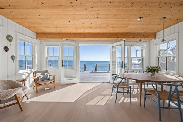 Dining room, Interior, Pendant Lights, Water, Wooden Ceilings, Wood Texture Flooring