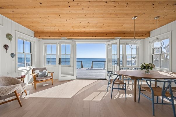 Dining room, Interior, Pendant Lights, Water, Wooden Ceilings, Wood Texture Flooring