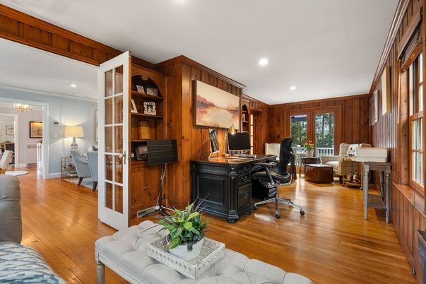 Home Office, Interior, Recessed Lighting, Wood Texture Flooring, Wooden Walls