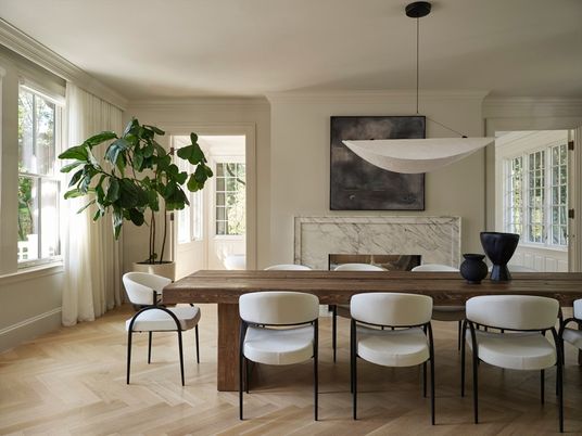 Dining room, Fireplace, Interior, Pendant Lights, Wood Texture Flooring