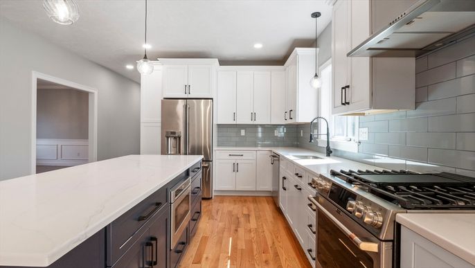Interior, Kitchen, Pendant Lights, Recessed Lighting, Stainless Steel Appliances, Wood Texture Flooring