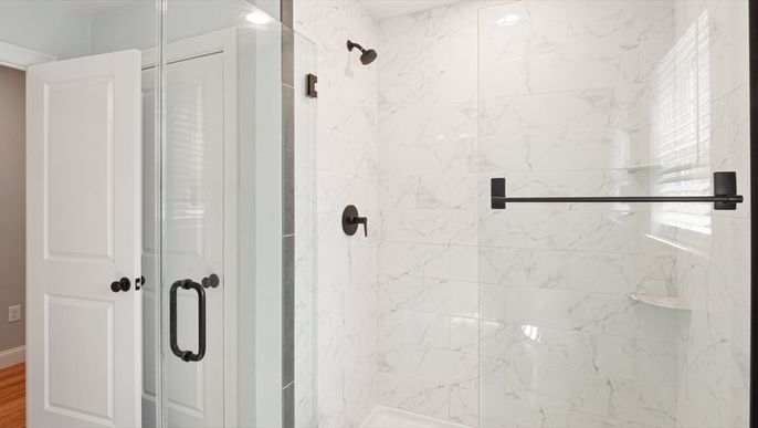 Bathroom, Glass Shower, Interior, Marble Walls