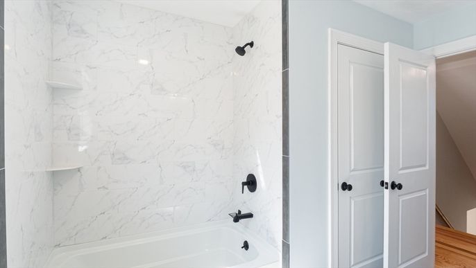 Bathroom, Interior, Marble Walls, Wood Texture Flooring