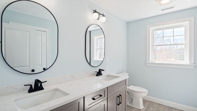 Bathroom, Dual Sink Vanities, Interior, Wood Texture Flooring