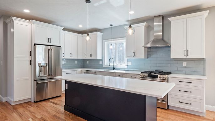 Interior, Kitchen, Pendant Lights, Recessed Lighting, Stainless Steel Appliances, Wood Texture Flooring