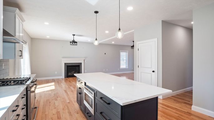 Fireplace, Interior, Kitchen, Pendant Lights, Recessed Lighting, Stainless Steel Appliances, Wood Texture Flooring