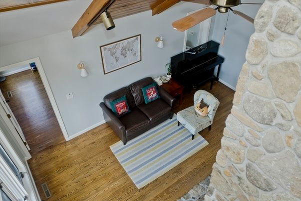 Interior, Living room, Piano, Stone Walls, Wooden Beams, Wood Texture Flooring