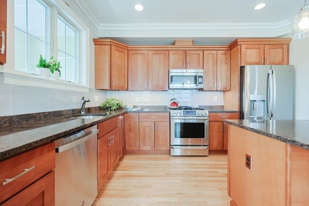 Interior, Kitchen, Recessed Lighting, Stainless Steel Appliances, Wood Texture Flooring