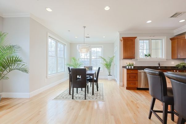 Chandelier, Dining room, Interior, Kitchen, Recessed Lighting, Wood Texture Flooring