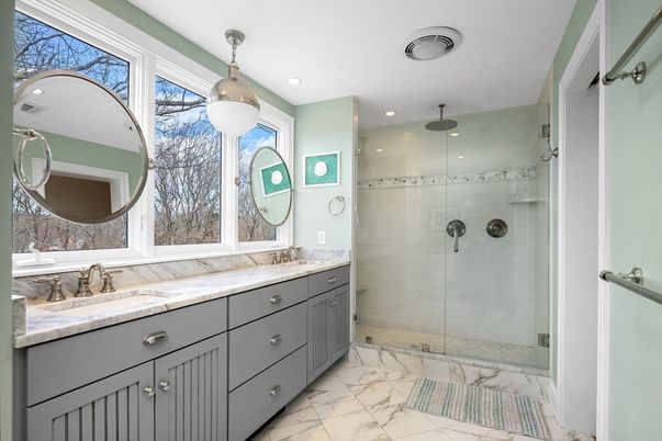 Bathroom, Dual Sink Vanities, Glass Shower, Interior, Marble, Pendant Lights, Recessed Lighting