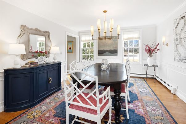 Dining room, Interior, Pendant Lights, Wood Texture Flooring