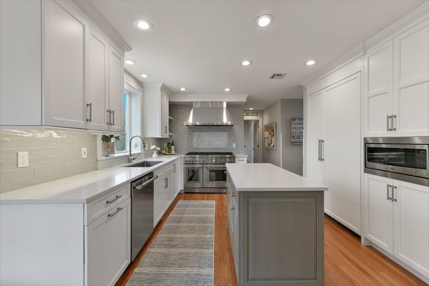 Interior, Kitchen, Recessed Lighting, Stainless Steel Appliances, Wood Texture Flooring